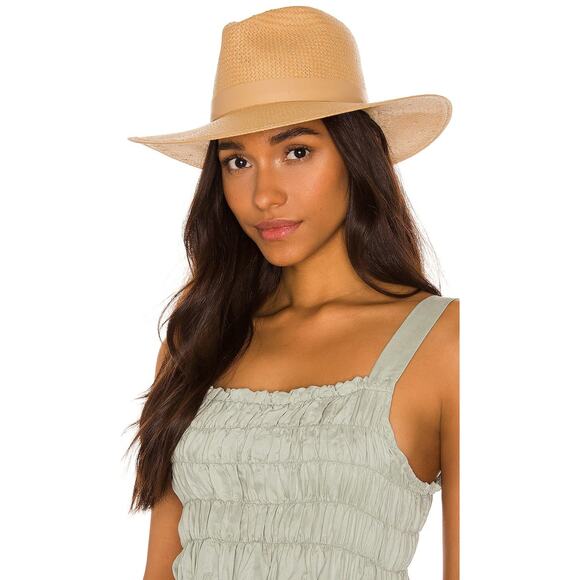 Janessa Leone Simone Packable Straw Fedora Hat Leather Band Sand Size Large - Picture 1 of 9